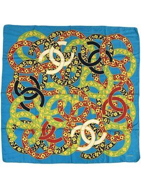 Chanel Scarf CC Logo Silk Blue Multicolor Large